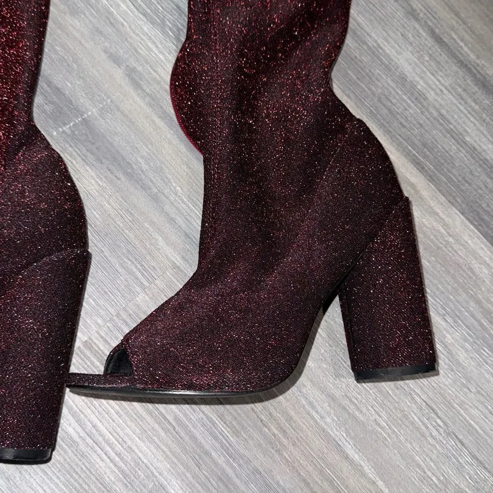 Burgundy Over-the-Knee Peep Toe Boots